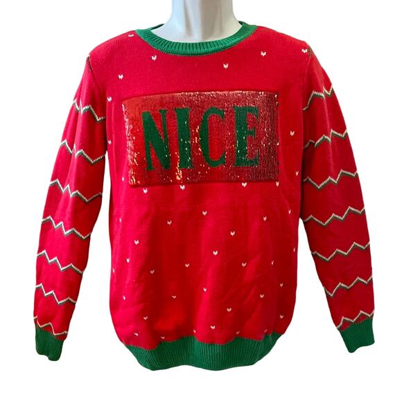To Be Jolly NAUGHTY OR NICE Changeable Sequin Ugly Christmas Sweater Size Med - Picture 2 of 5